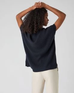 Women's Rib Cashmere Poncho Navy Blue -Cozy Fashion Shop SS24 NPW109059 N60 4