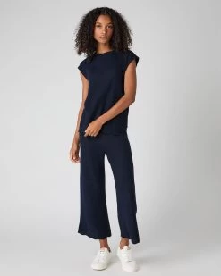 Women's Wave Stitch Cashmere Silk Trouser Navy Blue -Cozy Fashion Shop SS24 NPW109082 NVY 3