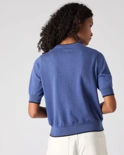 Women's Cotton Cashmere Short Sleeve Cardigan Denim Blue -Cozy Fashion Shop SS24 NPW109124 DMN 4