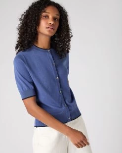 Women's Cotton Cashmere Short Sleeve Cardigan Denim Blue -Cozy Fashion Shop SS24 NPW109124 DMN 5