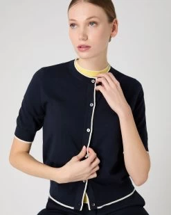 Women's Cotton Cashmere Short Sleeve Cardigan Navy Blue -Cozy Fashion Shop SS24 NPW109124 N08 5