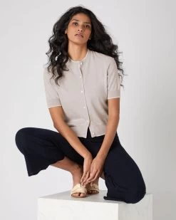 Women's Cotton Cashmere Short Sleeve Cardigan Sandstone Brown -Cozy Fashion Shop SS24 NPW109124 S47 3op