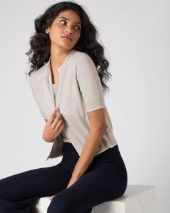 Women's Cotton Cashmere Short Sleeve Cardigan Sandstone Brown -Cozy Fashion Shop SS24 NPW109124 S47 5