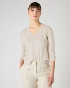 Women's Superfine Cashmere V Neck Jumper Sandstone Brown