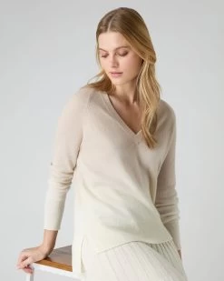 Women's Dip Dye V Neck Cashmere Jumper Almond White