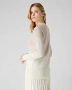 Women's Dip Dye V Neck Cashmere Jumper Almond White -Cozy Fashion Shop SS24 NPW109220 ALN 4