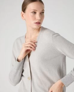 Women's V Neck Relaxed Cashmere Cardigan Pebble Grey -Cozy Fashion Shop SS24 NPW109223 PEB 5