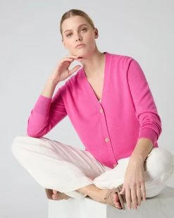 Women's V Neck Relaxed Cashmere Cardigan Vibrant Pink -Cozy Fashion Shop SS24 NPW109223 VPO 3