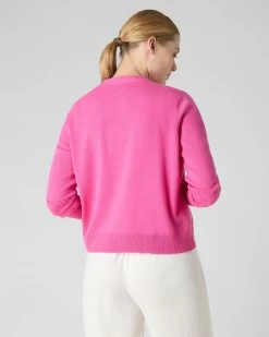 Women's V Neck Relaxed Cashmere Cardigan Vibrant Pink -Cozy Fashion Shop SS24 NPW109223 VPO 4