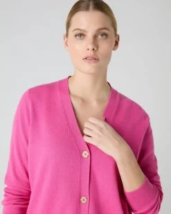 Women's V Neck Relaxed Cashmere Cardigan Vibrant Pink -Cozy Fashion Shop SS24 NPW109223 VPO 5