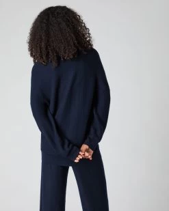 Women's Wave Stitch Cashmere Silk Cardigan Navy Blue -Cozy Fashion Shop SS24 NPW109253 NVY 4