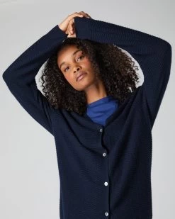 Women's Wave Stitch Cashmere Silk Cardigan Navy Blue -Cozy Fashion Shop SS24 NPW109253 NVY 5