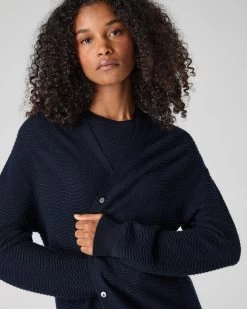 Women's Wave Stitch Cashmere Silk Cardigan Navy Blue -Cozy Fashion Shop SS24 NPW109253 NVY 5 OP