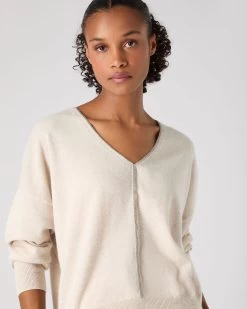 Women's Metal Trim V Neck Cashmere Jumper Ecru White -Cozy Fashion Shop SS24 NPW109280 E34 5