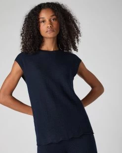 Women's Wave Stitch Cashmere Silk Top Navy Blue