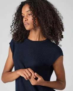 Women's Wave Stitch Cashmere Silk Top Navy Blue -Cozy Fashion Shop SS24 NPW109283 NVY 5