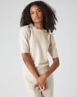 Women's Ruffle Trim Cashmere T-Shirt Almond White