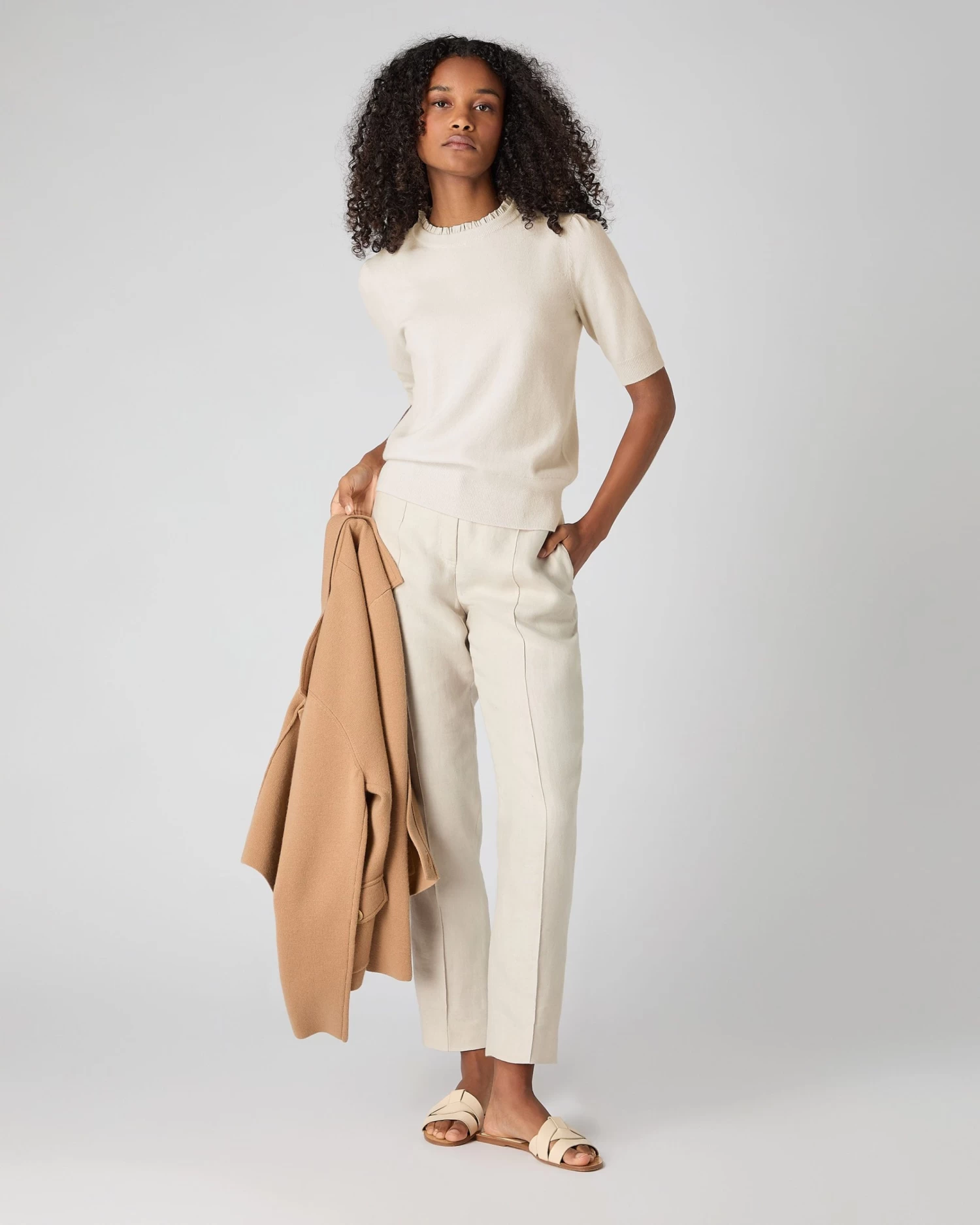 Women's Ruffle Trim Cashmere T-Shirt Almond White 5 Women's Ruffle Trim Cashmere T-Shirt Almond White - Image 3