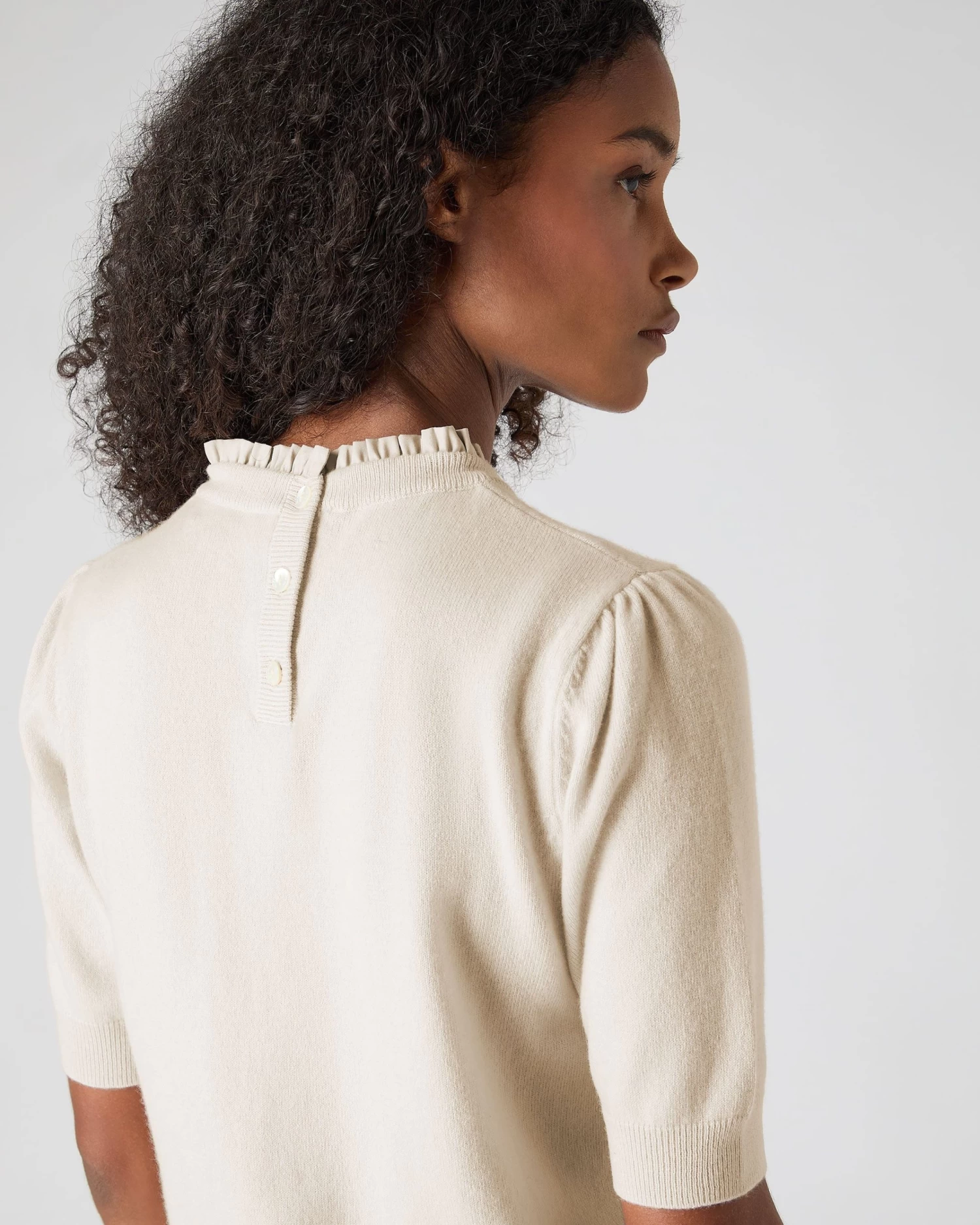 Women's Ruffle Trim Cashmere T-Shirt Almond White 6 Women's Ruffle Trim Cashmere T-Shirt Almond White - Image 4