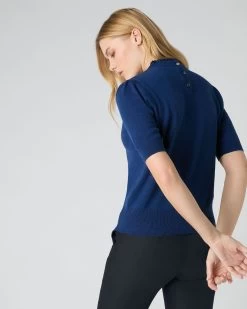 Women's Ruffle Trim Cashmere T-Shirt French Blue -Cozy Fashion Shop SS24 NPW109284 F71 4