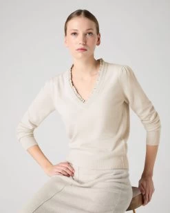 Women's Ruffle Trim V Neck Cashmere Jumper Almond White