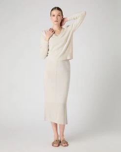 Women's Ruffle Trim V Neck Cashmere Jumper Almond White -Cozy Fashion Shop SS24 NPW109285 ALM 3