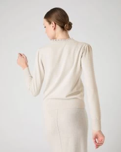 Women's Ruffle Trim V Neck Cashmere Jumper Almond White -Cozy Fashion Shop SS24 NPW109285 ALM 4