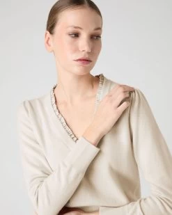 Women's Ruffle Trim V Neck Cashmere Jumper Almond White -Cozy Fashion Shop SS24 NPW109285 ALM 5