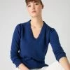Women's Ruffle Trim V Neck Cashmere Jumper French Blue -Cozy Fashion Shop SS24 NPW109285 F71 1