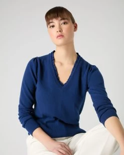Women's Ruffle Trim V Neck Cashmere Jumper French Blue