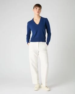 Women's Ruffle Trim V Neck Cashmere Jumper French Blue -Cozy Fashion Shop SS24 NPW109285 F71 3