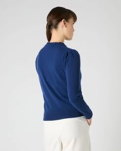 Women's Ruffle Trim V Neck Cashmere Jumper French Blue -Cozy Fashion Shop SS24 NPW109285 F71 4