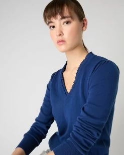 Women's Ruffle Trim V Neck Cashmere Jumper French Blue -Cozy Fashion Shop SS24 NPW109285 F71 5