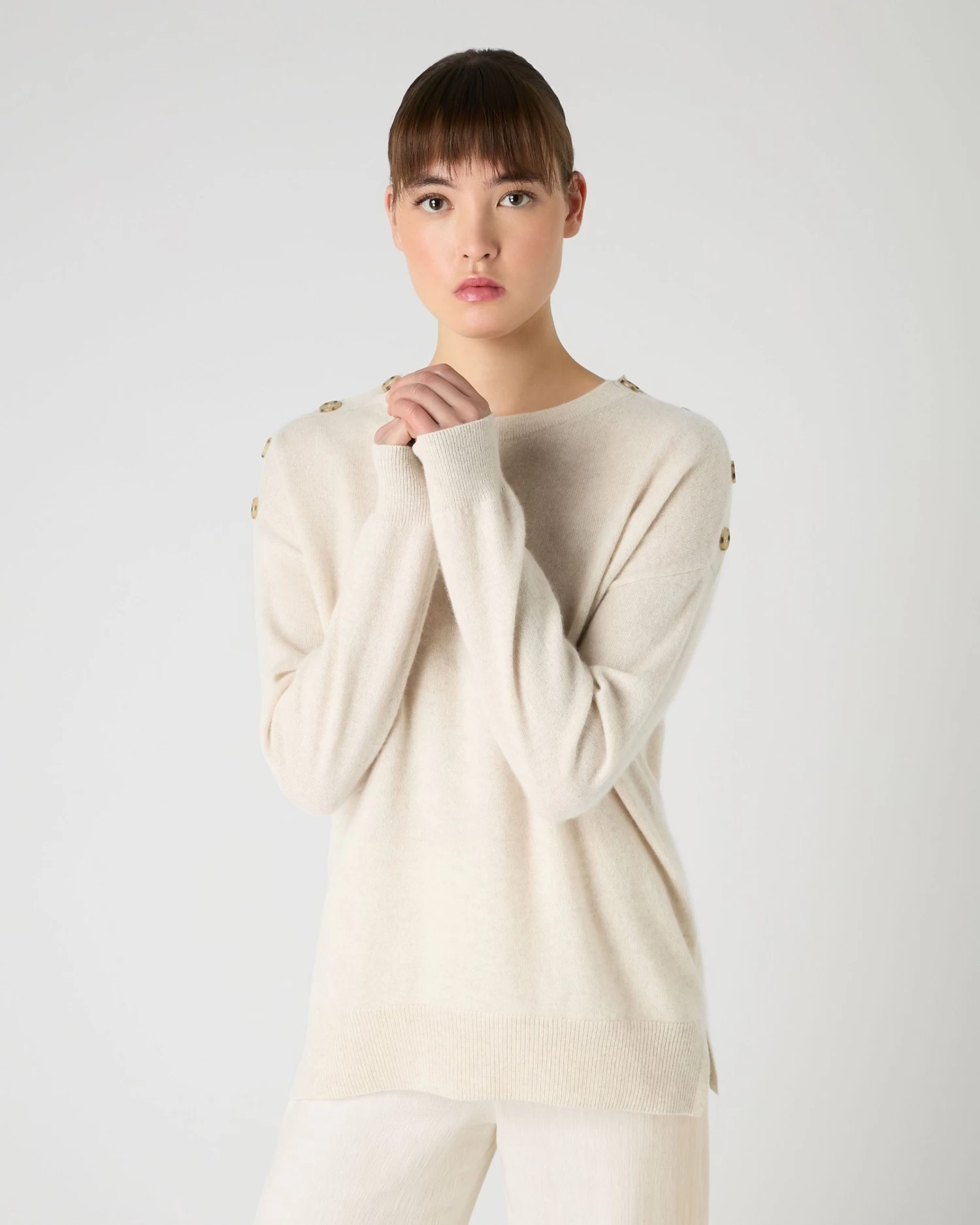 Women's Button Shoulder Round Neck Cashmere Jumper Ecru White 3 Women's Button Shoulder Round Neck Cashmere Jumper Ecru White