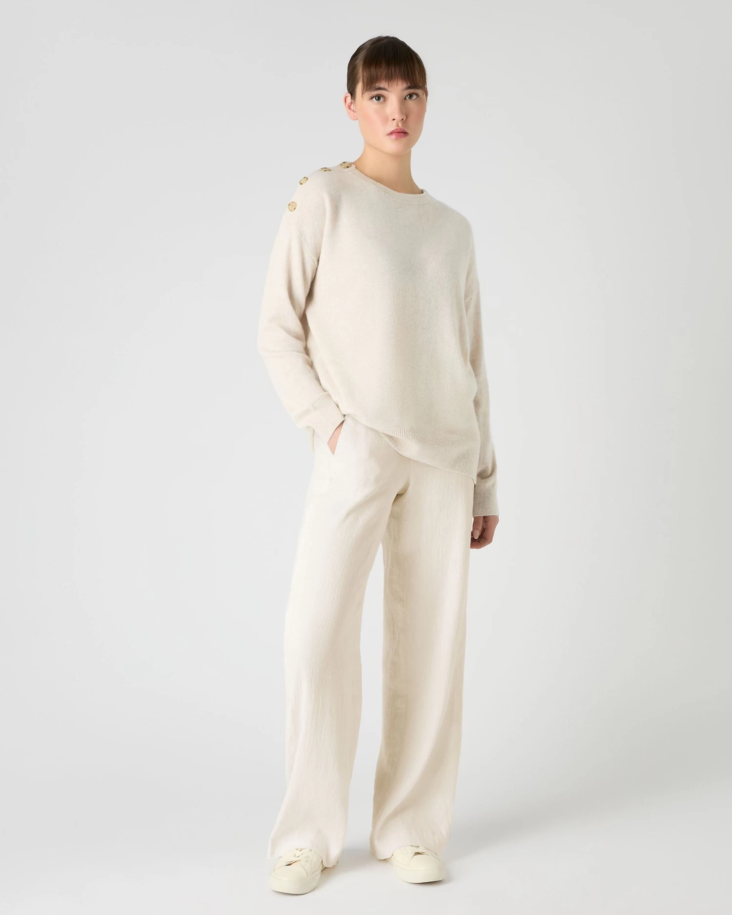 Women's Button Shoulder Round Neck Cashmere Jumper Ecru White 5 Women's Button Shoulder Round Neck Cashmere Jumper Ecru White - Image 3