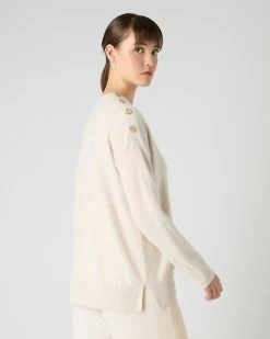 Women's Button Shoulder Round Neck Cashmere Jumper Ecru White 11 Women's Button Shoulder Round Neck Cashmere Jumper Ecru White -Cozy Fashion Shop SS24 NPW109299 E34 4