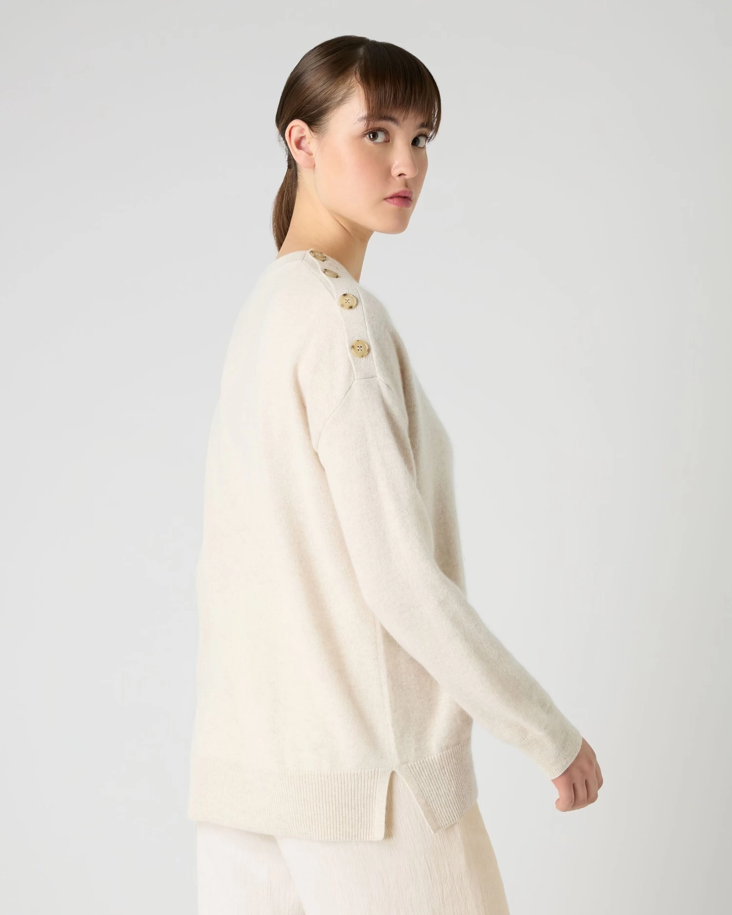 Women's Button Shoulder Round Neck Cashmere Jumper Ecru White 6 Women's Button Shoulder Round Neck Cashmere Jumper Ecru White - Image 4