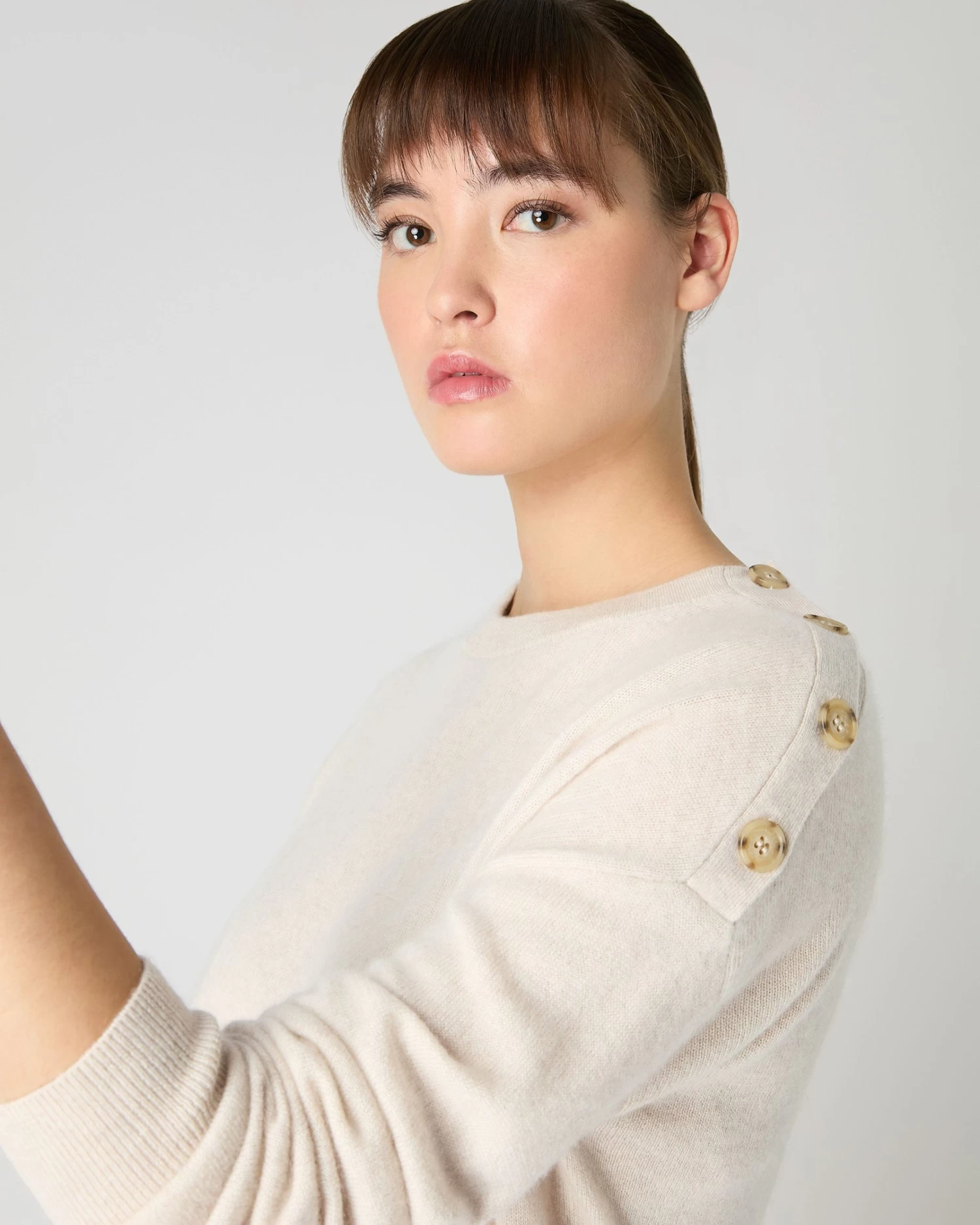 Women's Button Shoulder Round Neck Cashmere Jumper Ecru White 7 Women's Button Shoulder Round Neck Cashmere Jumper Ecru White - Image 5