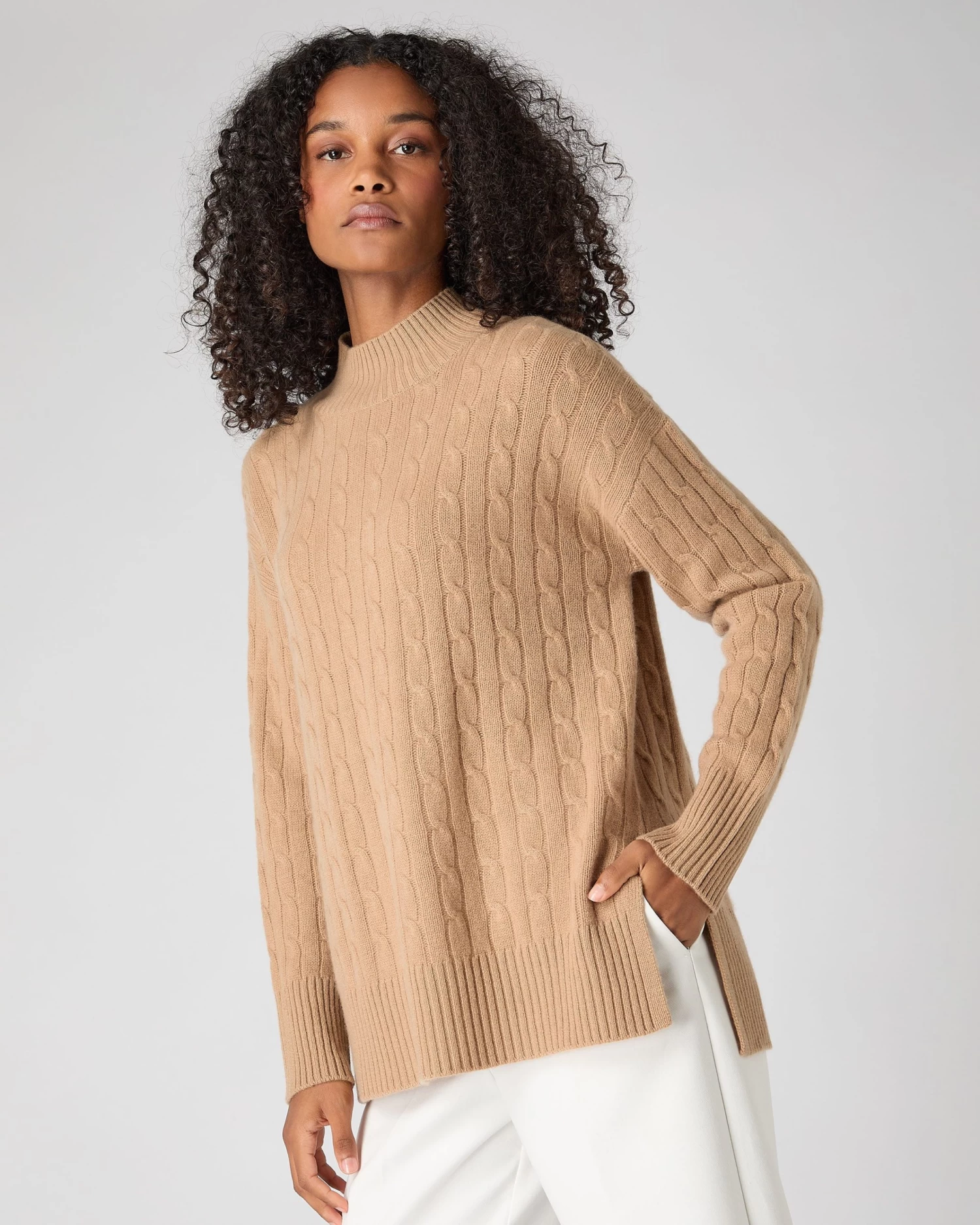 Women's Esme Cable Mock Neck Cashmere Jumper Sahara Brown 3 Women's Esme Cable Mock Neck Cashmere Jumper Sahara Brown