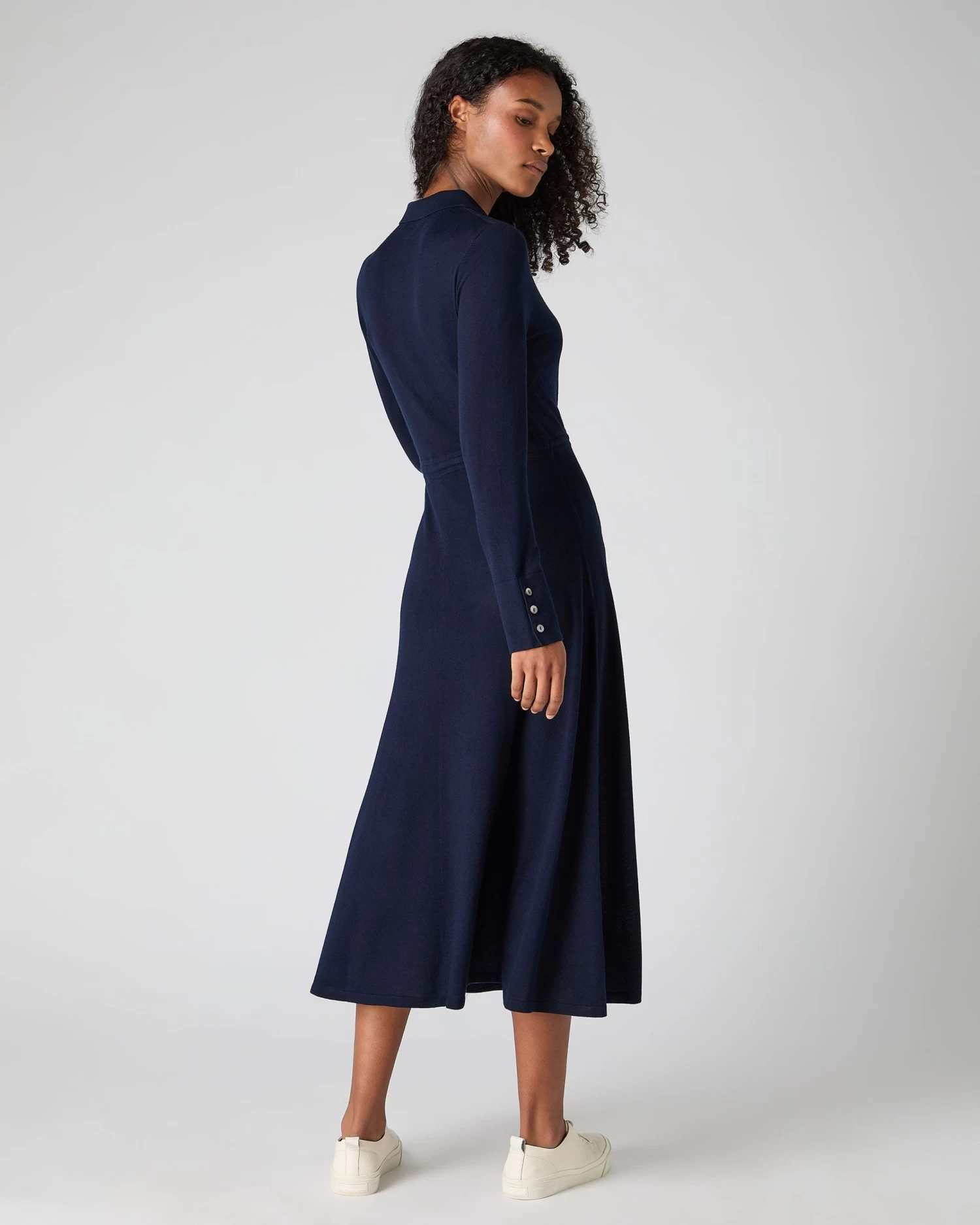 Women's Polo Collar Silk Cashmere Dress Navy Blue 7 Women's Polo Collar Silk Cashmere Dress Navy Blue - Image 5