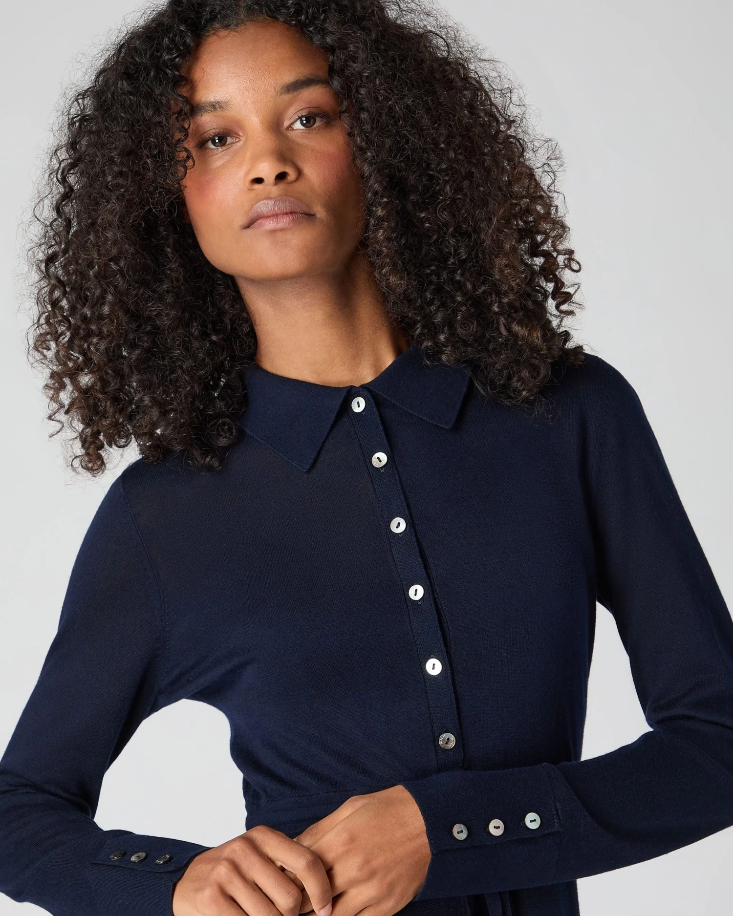 Women's Polo Collar Silk Cashmere Dress Navy Blue 9 Women's Polo Collar Silk Cashmere Dress Navy Blue - Image 7