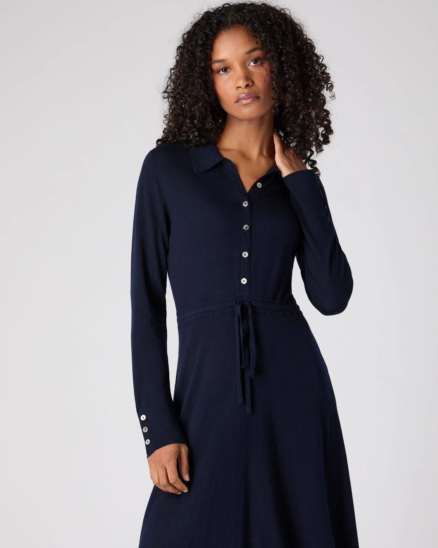 Women's Polo Collar Silk Cashmere Dress Navy Blue 8 Women's Polo Collar Silk Cashmere Dress Navy Blue - Image 6