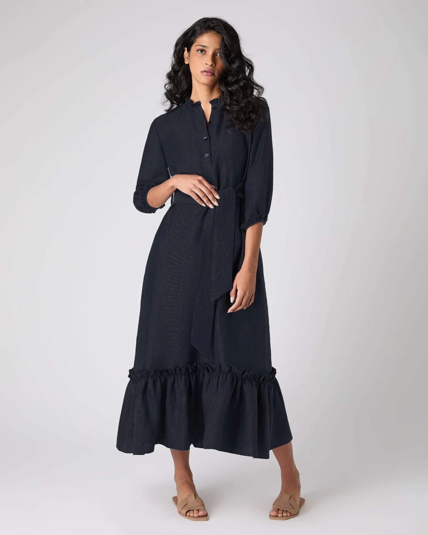 Women's Iris Ruffle Linen Dress Navy Blue PRE-ORDER 3 Women's Iris Ruffle Linen Dress Navy Blue PRE-ORDER