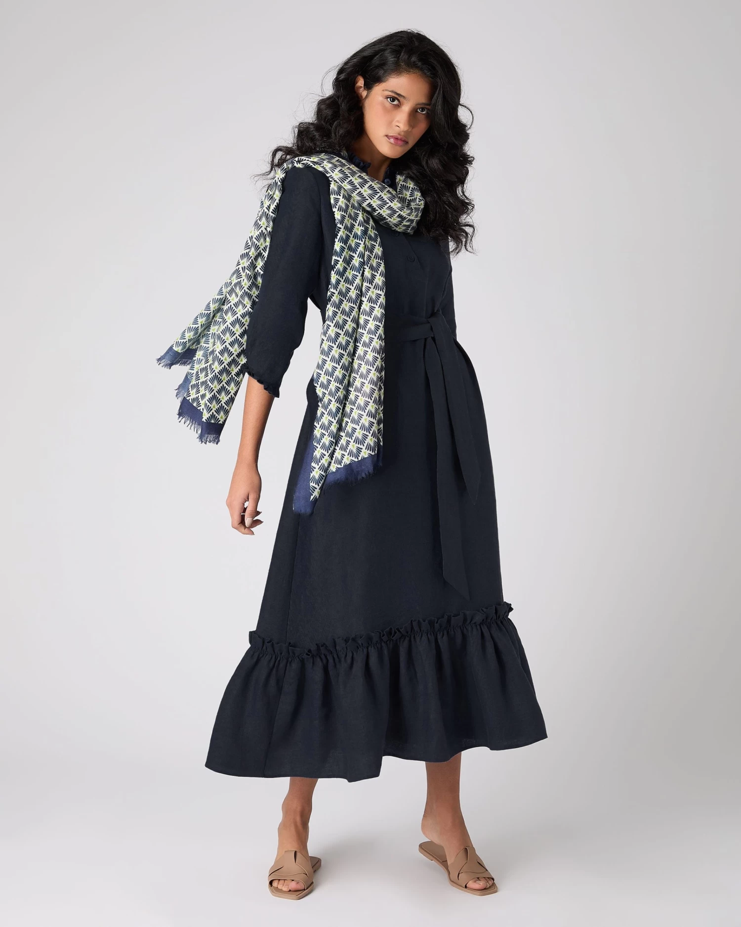 Women's Iris Ruffle Linen Dress Navy Blue PRE-ORDER 5 Women's Iris Ruffle Linen Dress Navy Blue PRE-ORDER - Image 3
