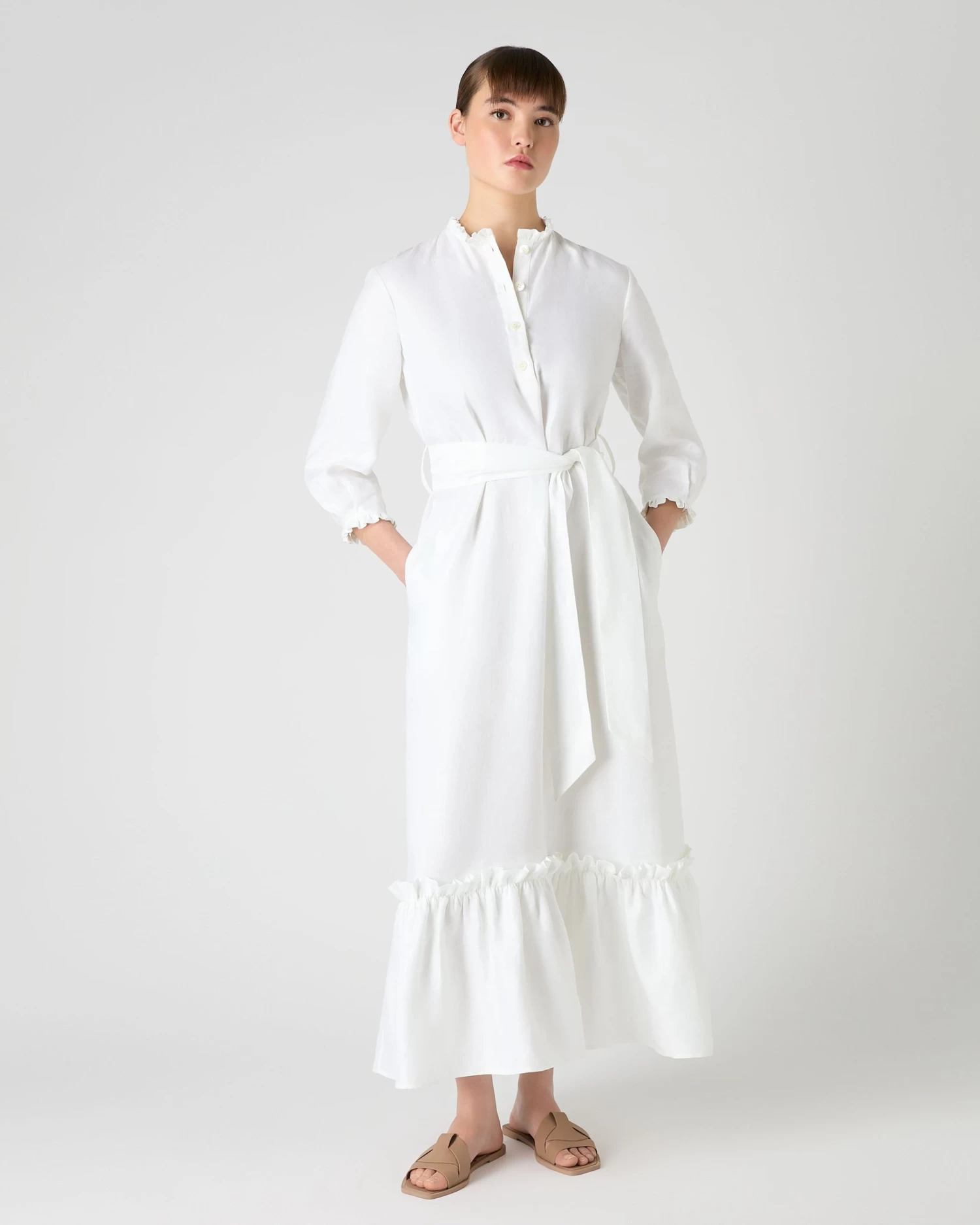 Women's Iris Ruffle Linen Dress White PRE-ORDER 3 Women's Iris Ruffle Linen Dress White PRE-ORDER