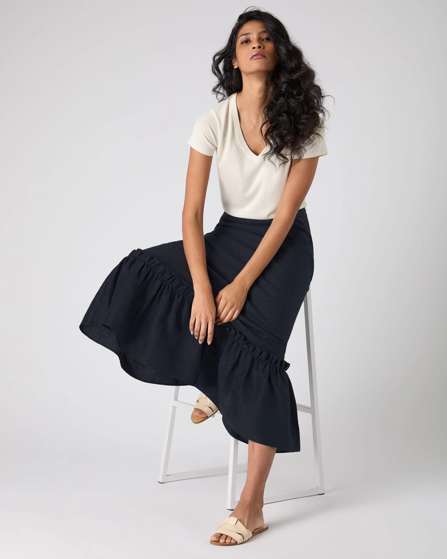 Women's Sofia Ruffle Linen Skirt Navy Blue PRE-ORDER 5 Women's Sofia Ruffle Linen Skirt Navy Blue PRE-ORDER - Image 3