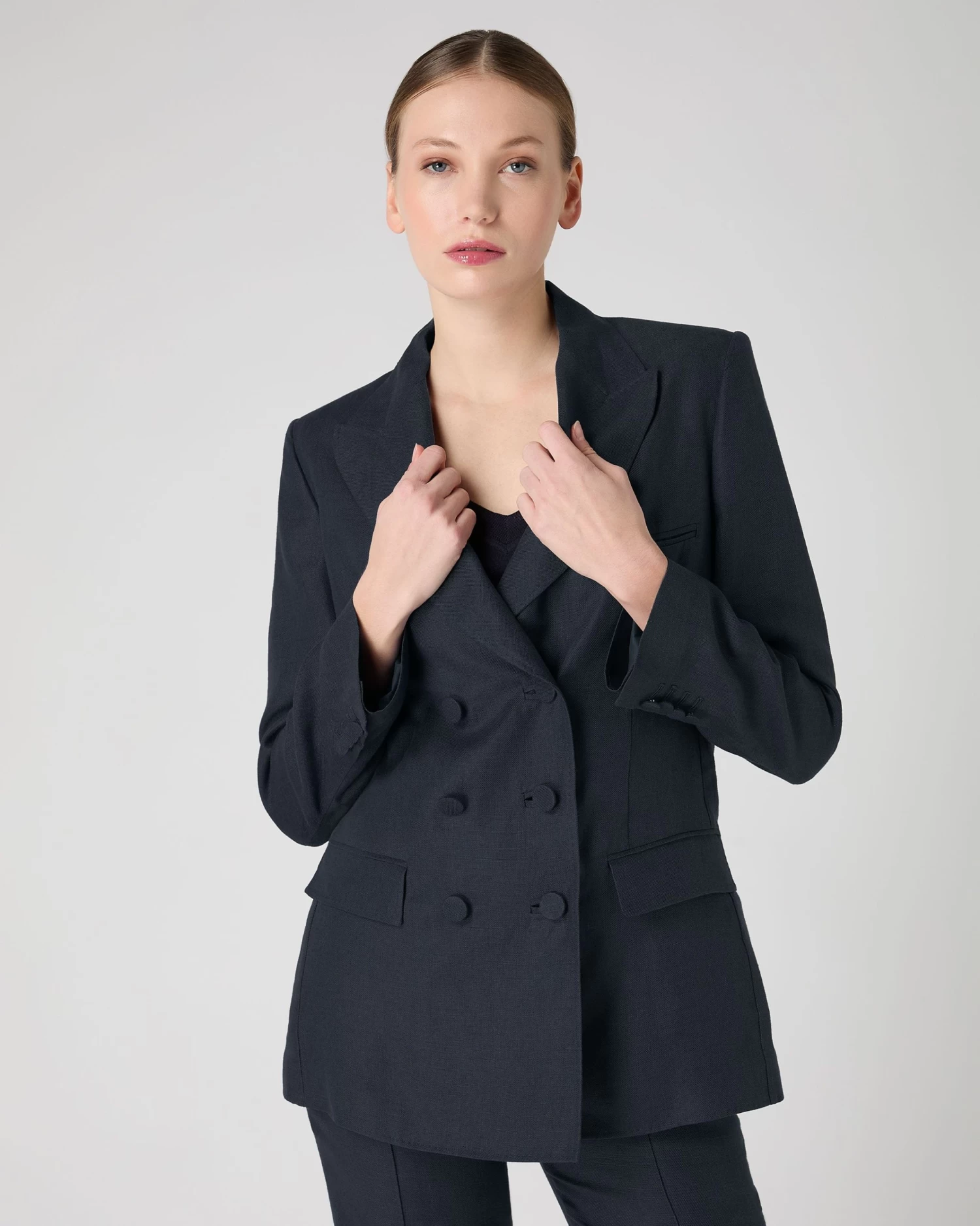 Women's Ava Double Breasted Linen Jacket Navy Blue 3 Women's Ava Double Breasted Linen Jacket Navy Blue