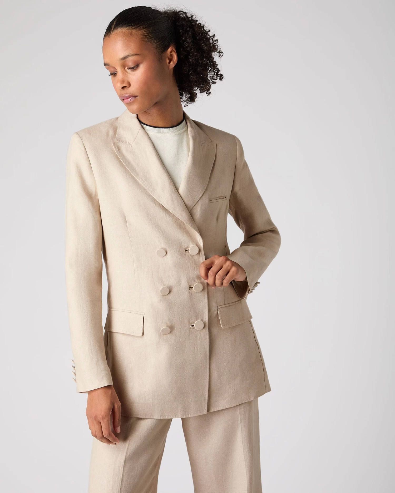Women's Ava Double Breasted Linen Jacket Oat Brown 3 Women's Ava Double Breasted Linen Jacket Oat Brown